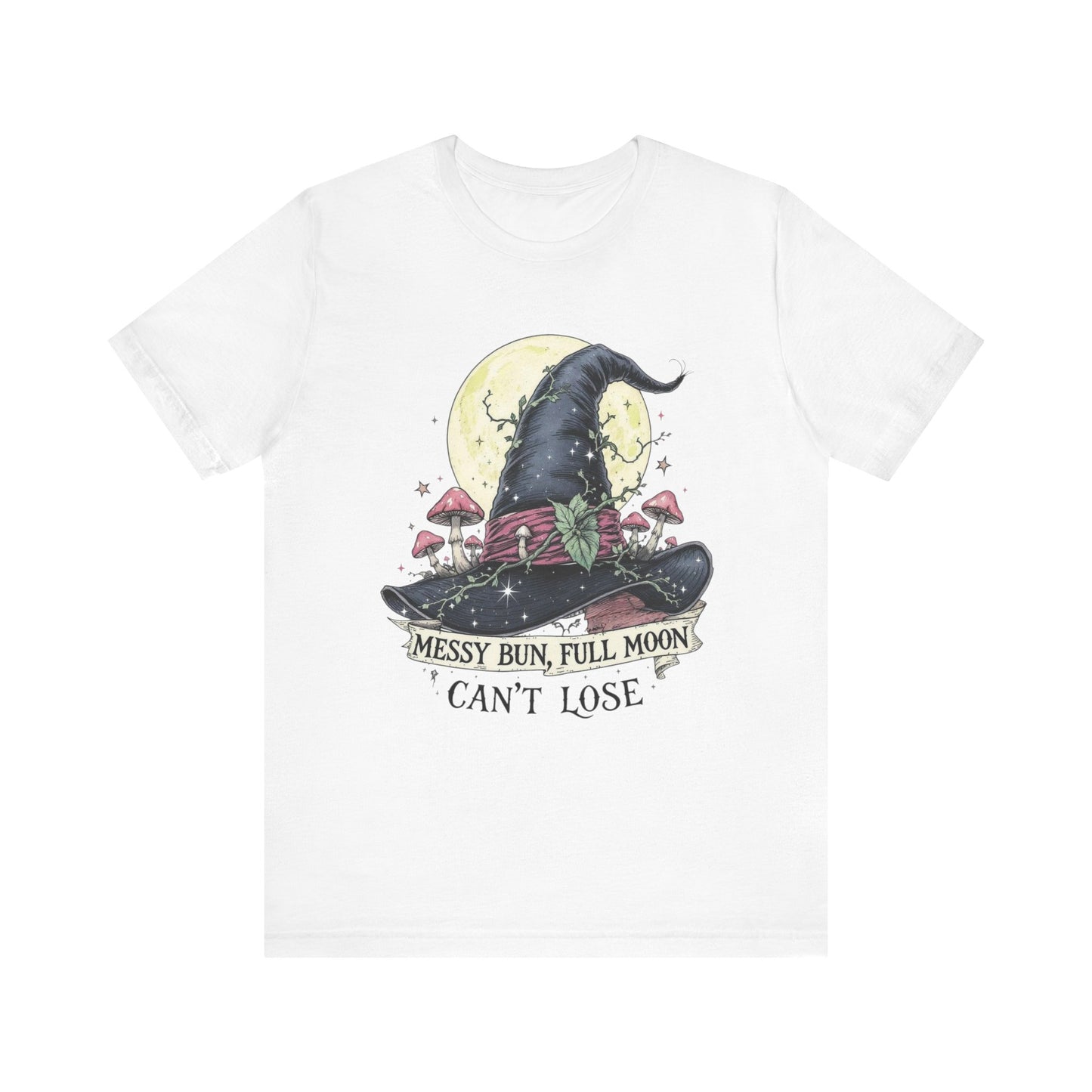 Messy Bun Full Moon Tee - Unisex Jersey T-Shirt, Cute Witch Shirt, Halloween Apparel, Cozy Everyday Top, Fun Gift for Her