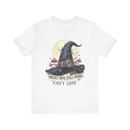 Messy Bun Full Moon Tee - Unisex Jersey T-Shirt, Cute Witch Shirt, Halloween Apparel, Cozy Everyday Top, Fun Gift for Her
