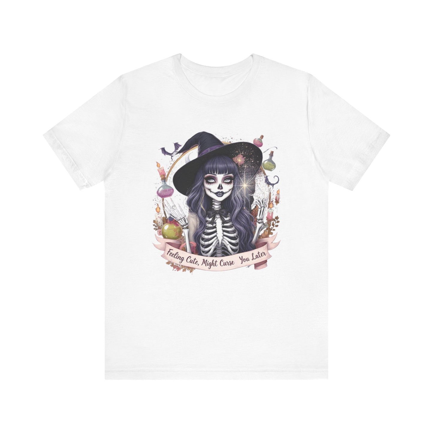 Spooky Skeleton Witch Tee, Cute Halloween Shirt, Unisex Graphic Tee, Casual Autumn Wear, Trendy Fall Outfit, Halloween Party Top