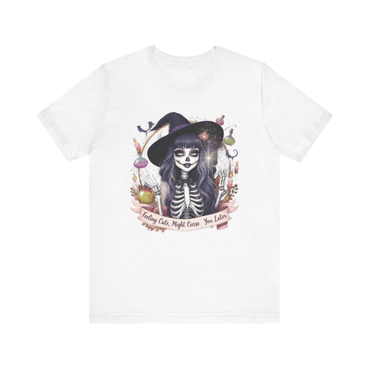Spooky Skeleton Witch Tee, Cute Halloween Shirt, Unisex Graphic Tee, Casual Autumn Wear, Trendy Fall Outfit, Halloween Party Top