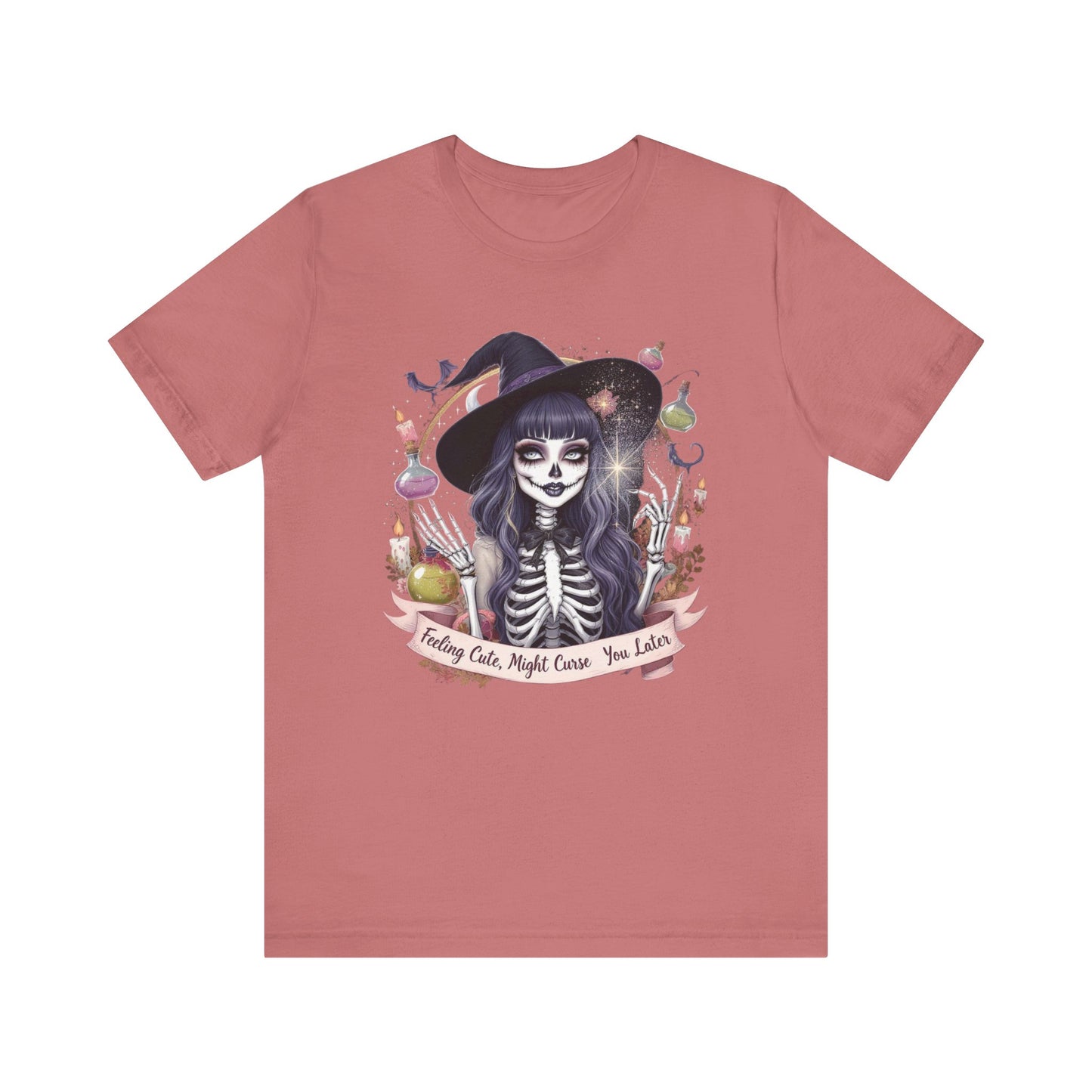 Spooky Skeleton Witch Tee, Cute Halloween Shirt, Unisex Graphic Tee, Casual Autumn Wear, Trendy Fall Outfit, Halloween Party Top
