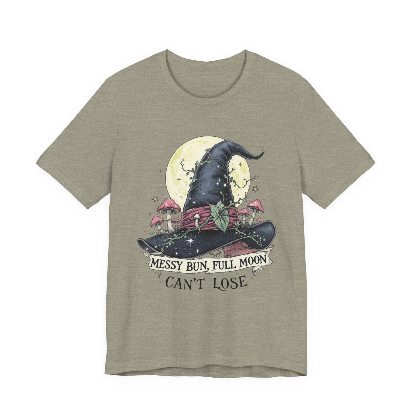 Messy Bun Full Moon Tee - Unisex Jersey T-Shirt, Cute Witch Shirt, Halloween Apparel, Cozy Everyday Top, Fun Gift for Her