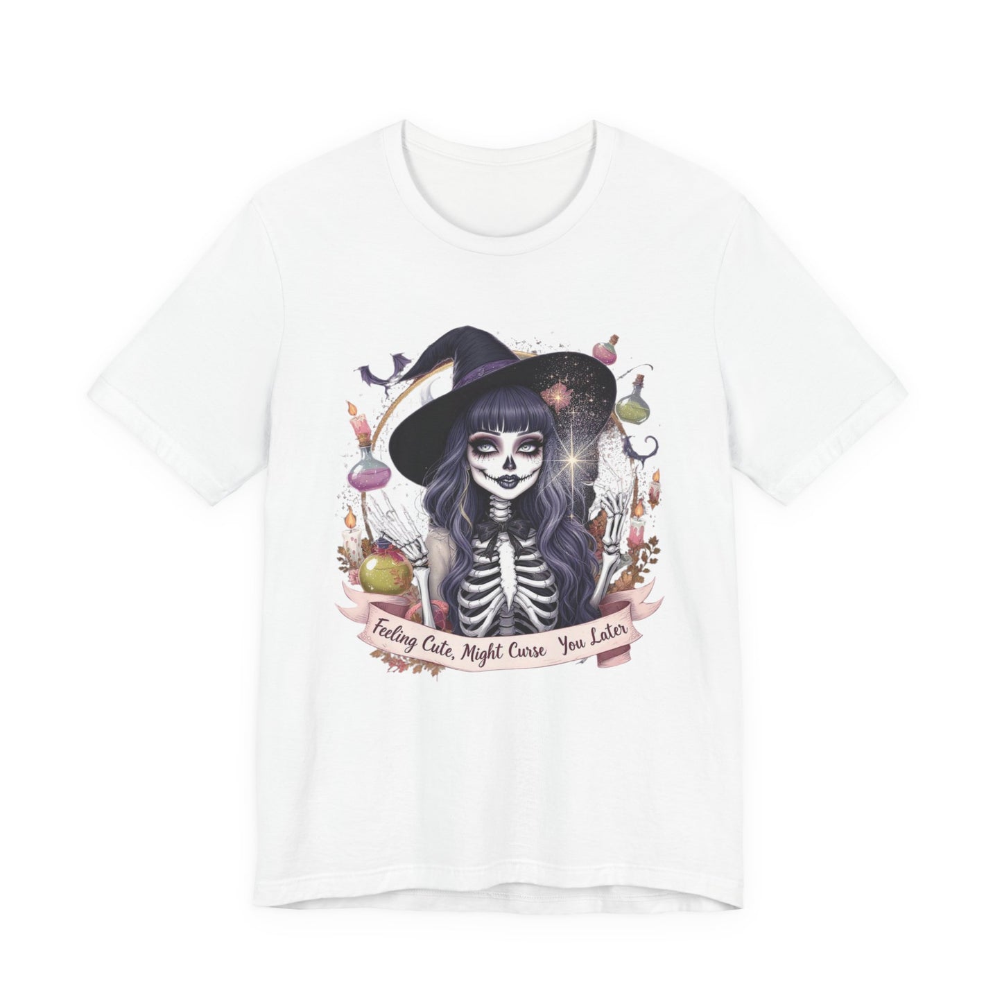 Spooky Skeleton Witch Tee, Cute Halloween Shirt, Unisex Graphic Tee, Casual Autumn Wear, Trendy Fall Outfit, Halloween Party Top