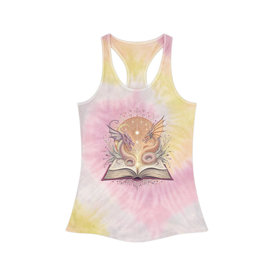 Whimsical Tie Dye Racerback Tank Top with Magical Book Design, Summer Apparel, Gift for Book Lovers, Festival Wear, Comfortable Workout Top
