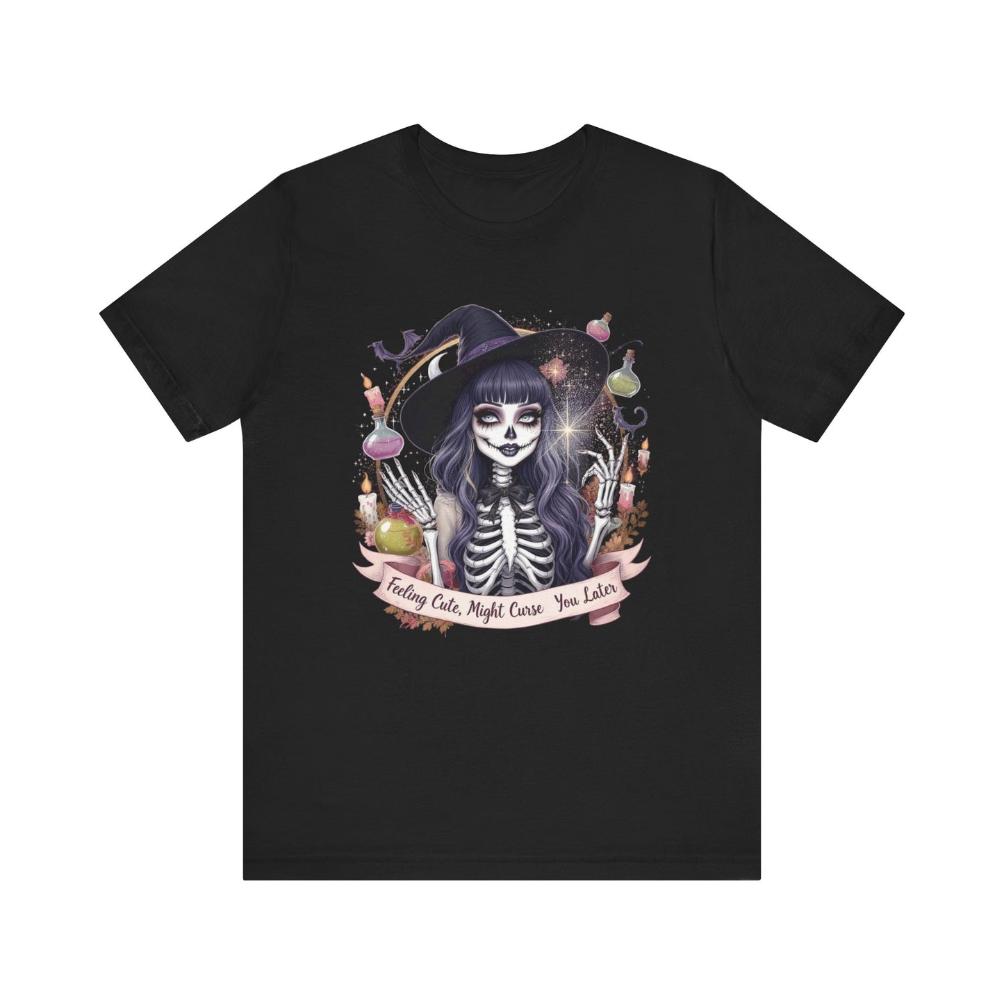 Spooky Skeleton Witch Tee, Cute Halloween Shirt, Unisex Graphic Tee, Casual Autumn Wear, Trendy Fall Outfit, Halloween Party Top