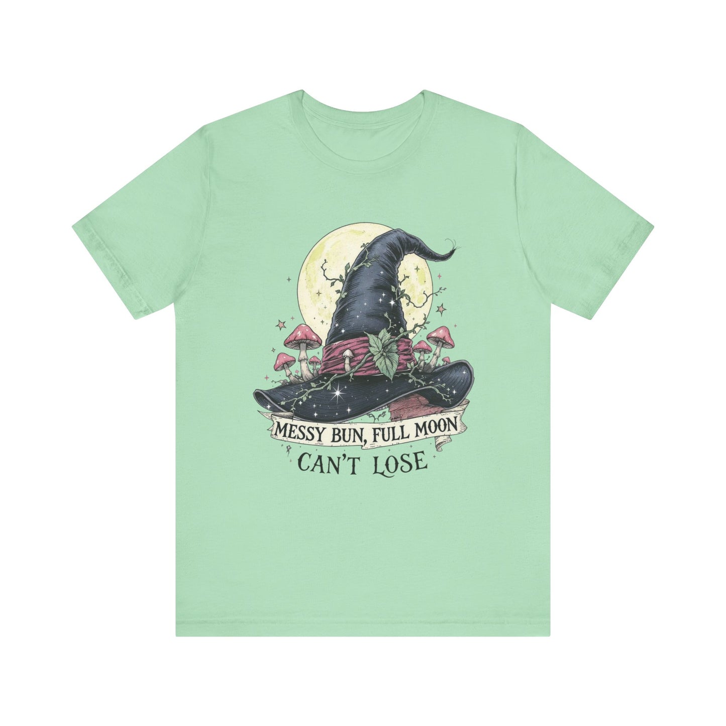 Messy Bun Full Moon Tee - Unisex Jersey T-Shirt, Cute Witch Shirt, Halloween Apparel, Cozy Everyday Top, Fun Gift for Her
