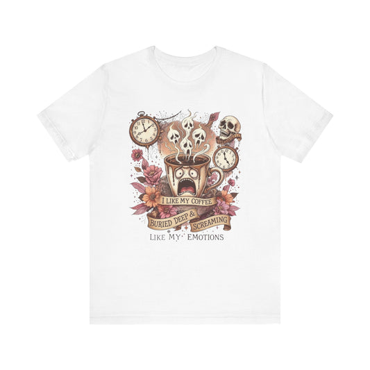Coffee Lovers Skull Tee - I Like My Coffee Buried Deep, Unisex Jersey T-Shirt, Personalized Gift, Gothic Style, Perfect for Halloween