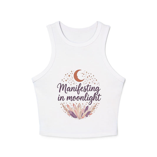 Women's Manifesting in Moonlight Micro Rib Racer Tank Top, Spiritual Tank, Boho Style Top, Yoga Wear, Summer Essential