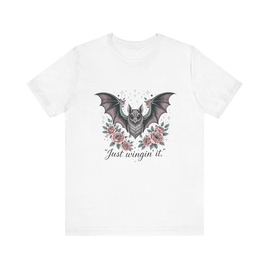 Just Wingin' It Bat Tee, Unisex Jersey Short Sleeve T-Shirt for Halloween, Casual Outfit, Unique Gift, Spooky Vibe, Graphic Tee
