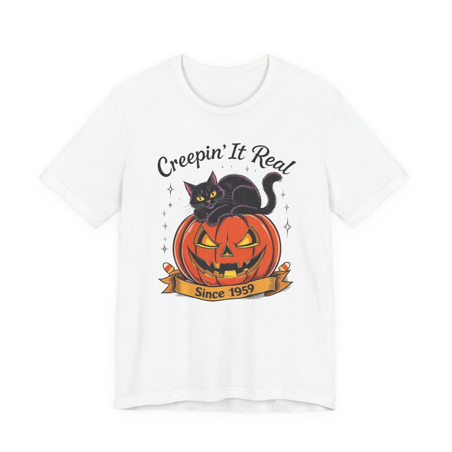 Halloween Cat Tee, Creepin' It Real Short Sleeve T-Shirt, Unisex Halloween Shirt, Fall Apparel, Pumpkin Shirt, Cat Lover Gift, Spooky [...]