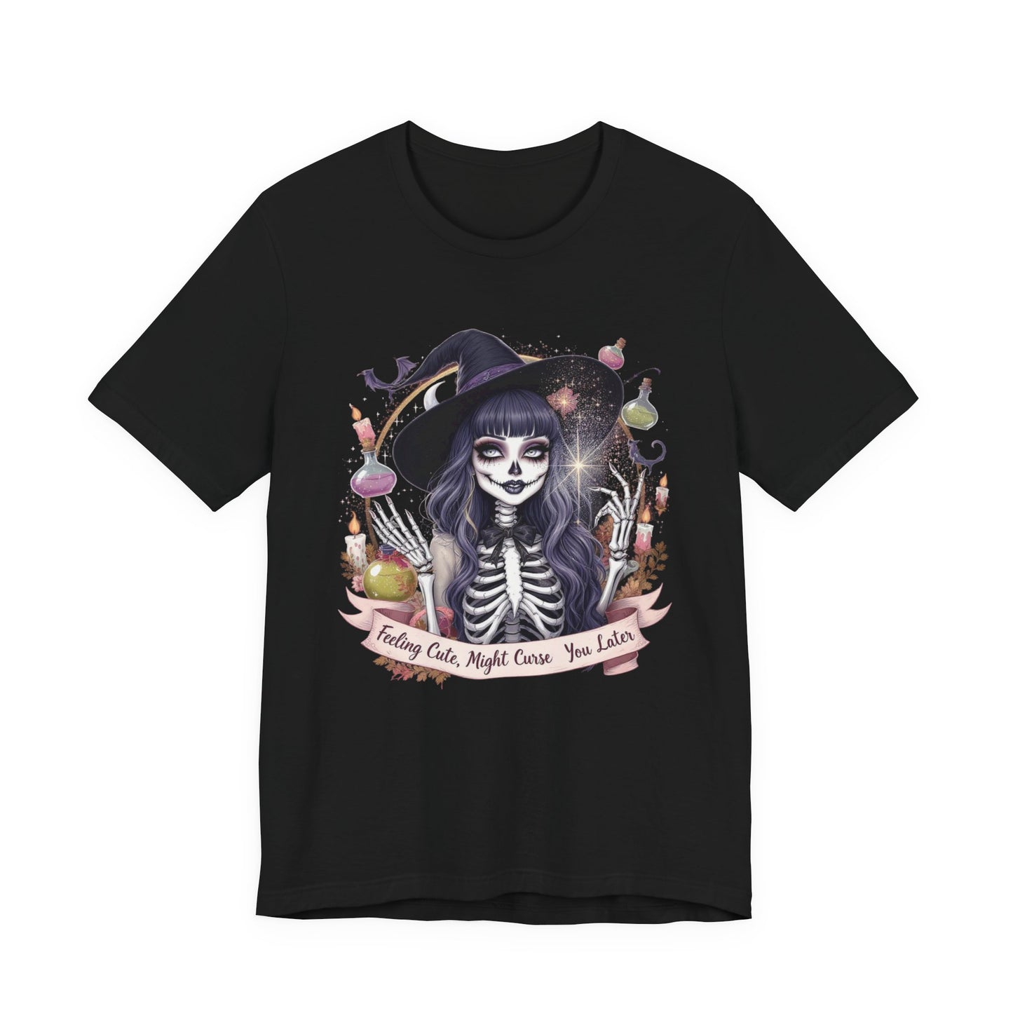Spooky Skeleton Witch Tee, Cute Halloween Shirt, Unisex Graphic Tee, Casual Autumn Wear, Trendy Fall Outfit, Halloween Party Top