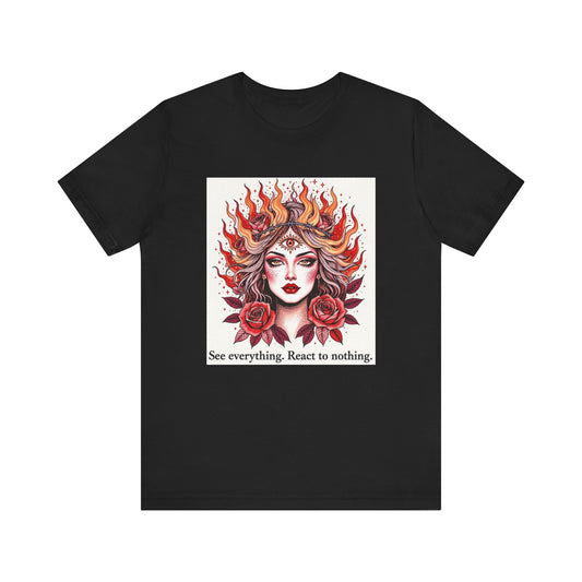 Surreal Tattoo Flash T-Shirt, Feminine Face and Roses Design, Vintage Style Tee for Men and Women, Flaming Hair Art Shirt, Pastel Pink Red