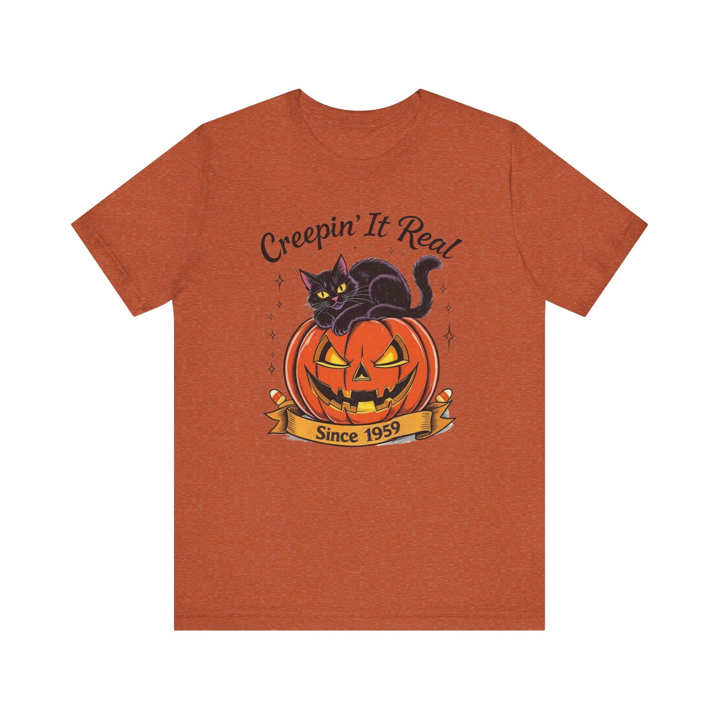 Halloween Cat Tee, Creepin' It Real Short Sleeve T-Shirt, Unisex Halloween Shirt, Fall Apparel, Pumpkin Shirt, Cat Lover Gift, Spooky [...]