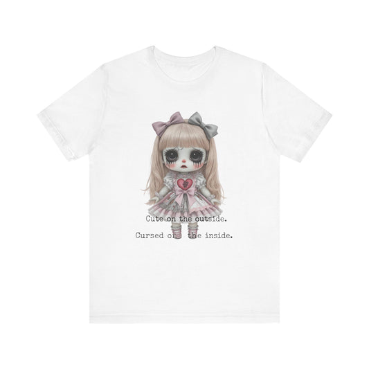 Cursed Doll Graphic Tee, Cute and Spooky T-Shirt, Halloween Gift, Alternative Style Apparel, Unisex Short Sleeve Shirt, Kawaii Punk Fashion