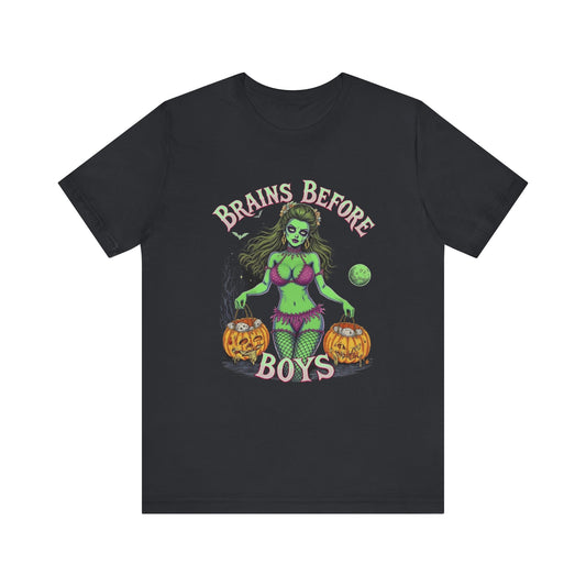 Spooky Graphic Tee, Halloween Shirt, Ghostly Humor Tee, Casual Unisex T-Shirt, Fun Gift for Halloween Party, Brains Before Boys