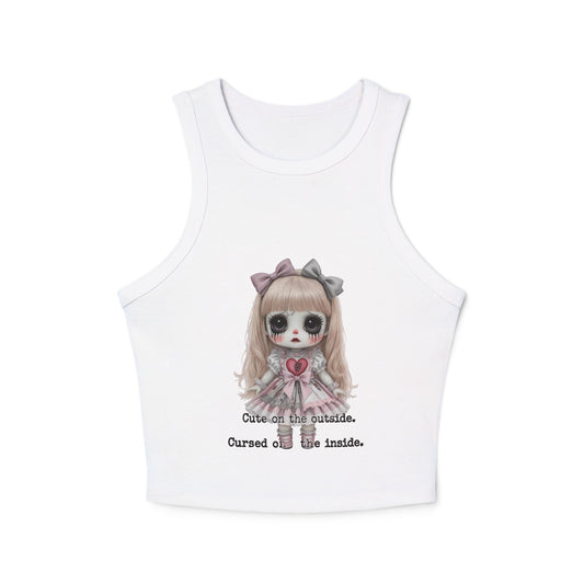 Creepy Doll Women's Tank Top, Scary Halloween Sleeveless Shirt, Gothic Doll Ribbed Racer Tank, Spooky Horror Sleeveless Tee, Vintage Pastel