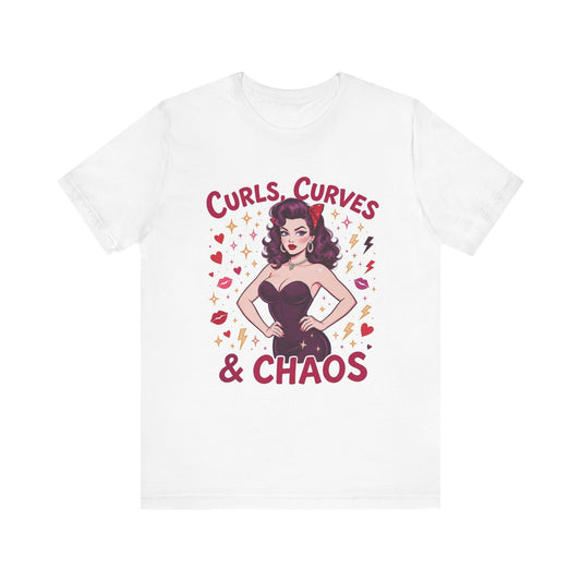 Curls, Curves & Chaos Tee, Fun Graphic Tee for Women, Casual Summer T-shirt, Unique Gift for Friends, Retro Style Shirt