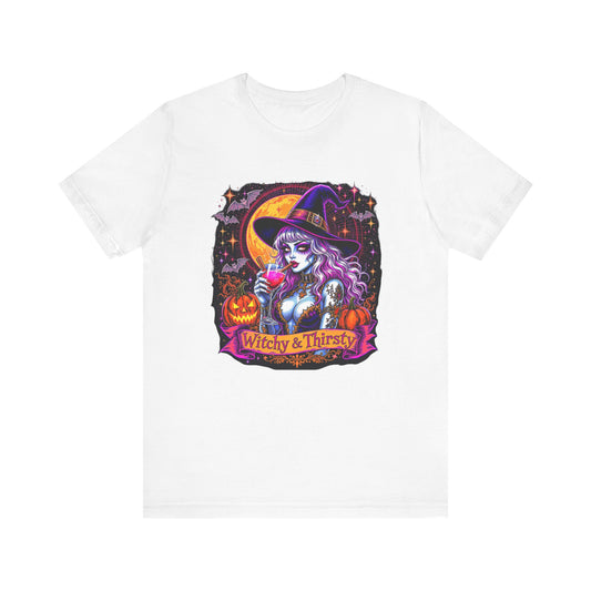 Witchy & Thirsty Halloween Tee, Unisex Short Sleeve Shirt, Spooky T-Shirt, Halloween Costume, Witchy Fashion, October Celebration