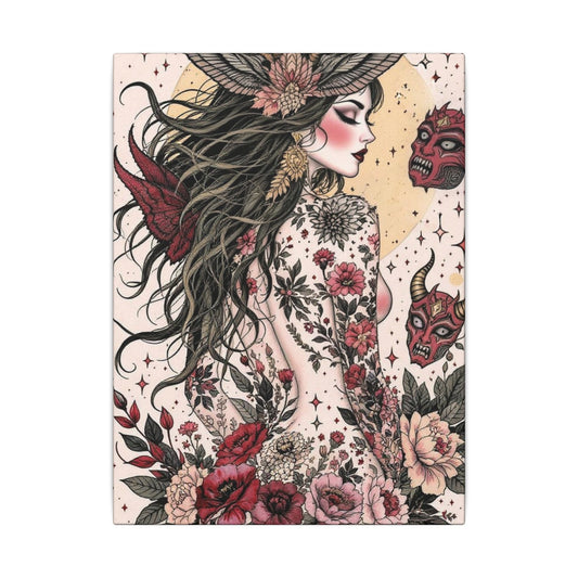 Bold Floral Art Canvas Print, Tattoo Art, Bohemian Home Decor, Wall Art, Unique Gift, Gothic Decor, Colorful Art Print
