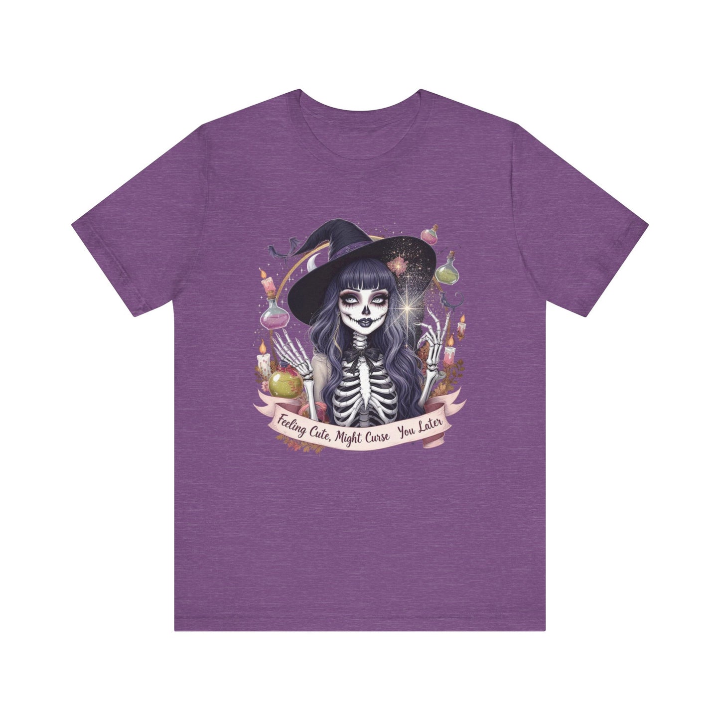 Spooky Skeleton Witch Tee, Cute Halloween Shirt, Unisex Graphic Tee, Casual Autumn Wear, Trendy Fall Outfit, Halloween Party Top