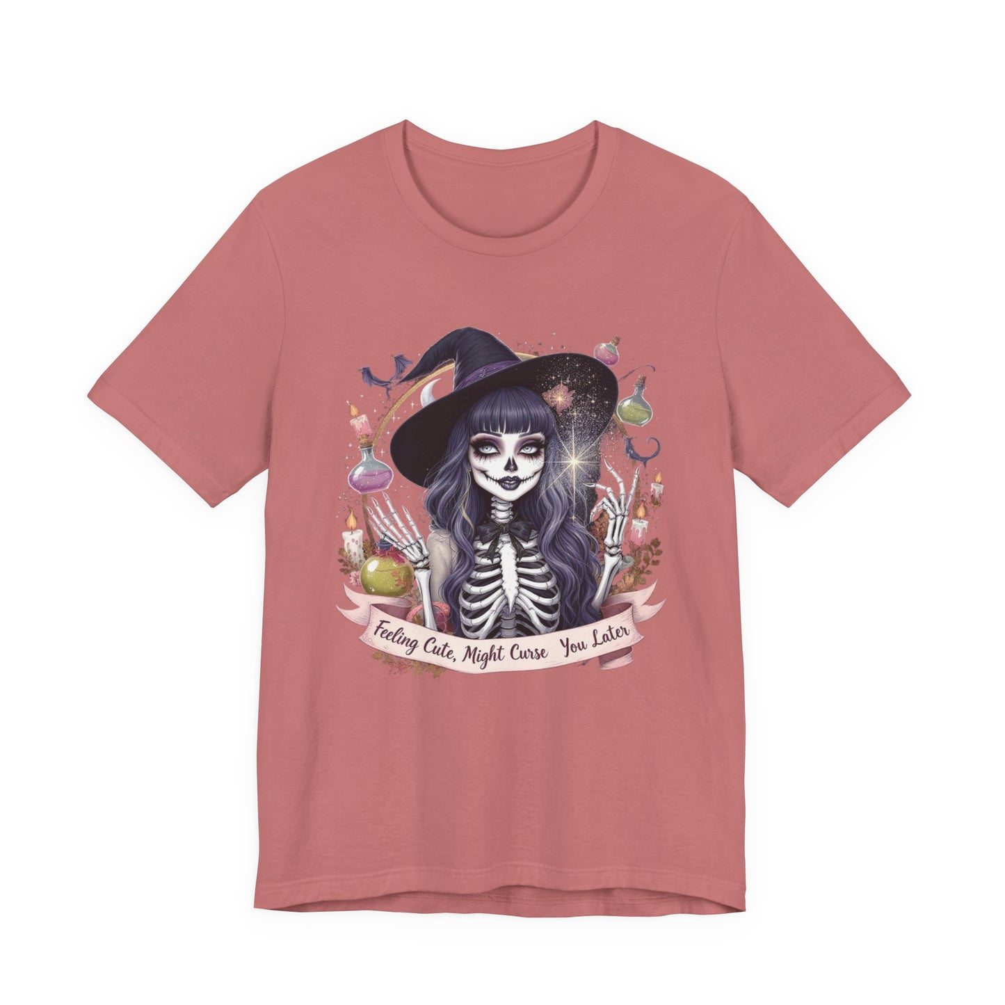 Spooky Skeleton Witch Tee, Cute Halloween Shirt, Unisex Graphic Tee, Casual Autumn Wear, Trendy Fall Outfit, Halloween Party Top