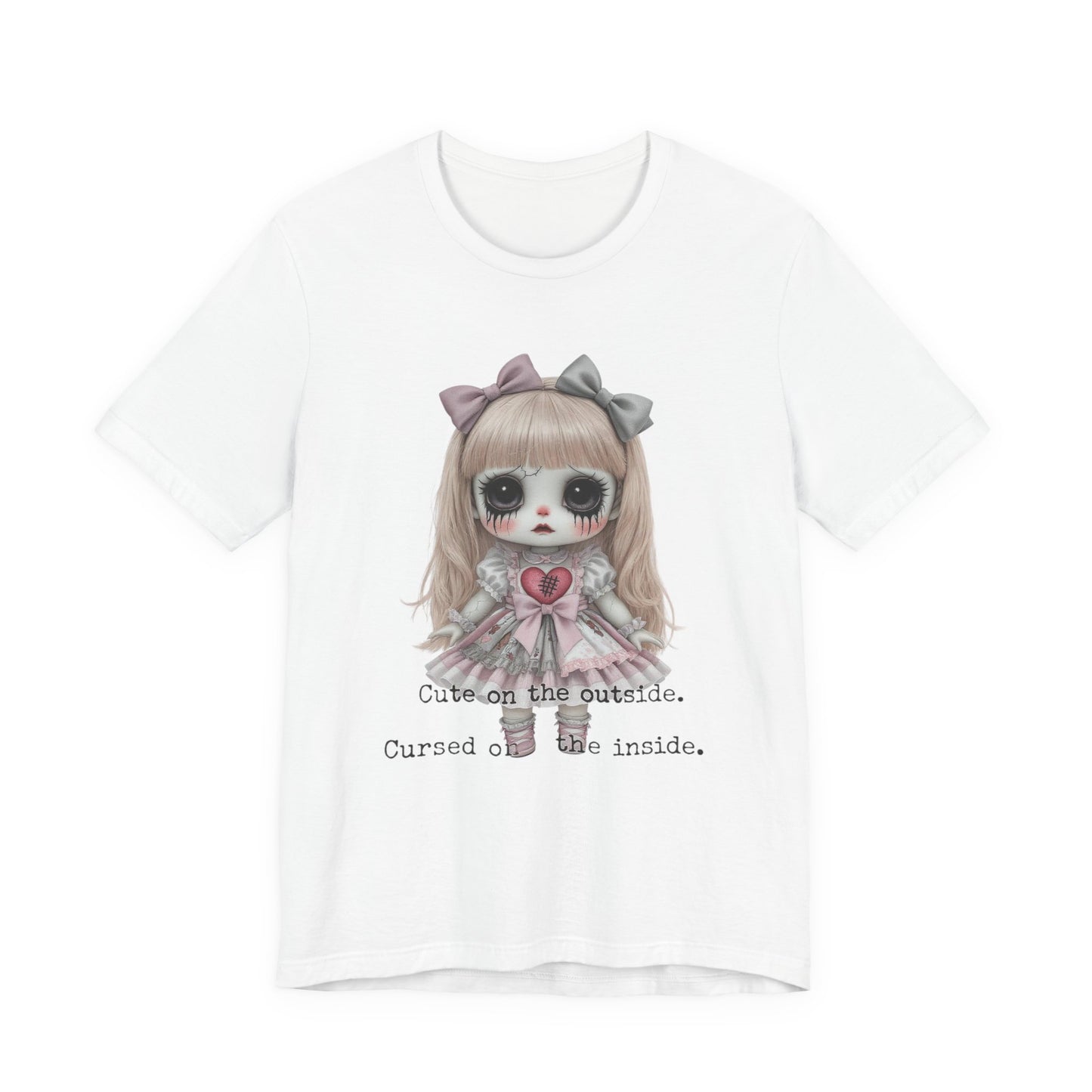 Cursed Doll Graphic Tee, Cute and Spooky T-Shirt, Halloween Gift, Alternative Style Apparel, Unisex Short Sleeve Shirt, Kawaii Punk Fashion