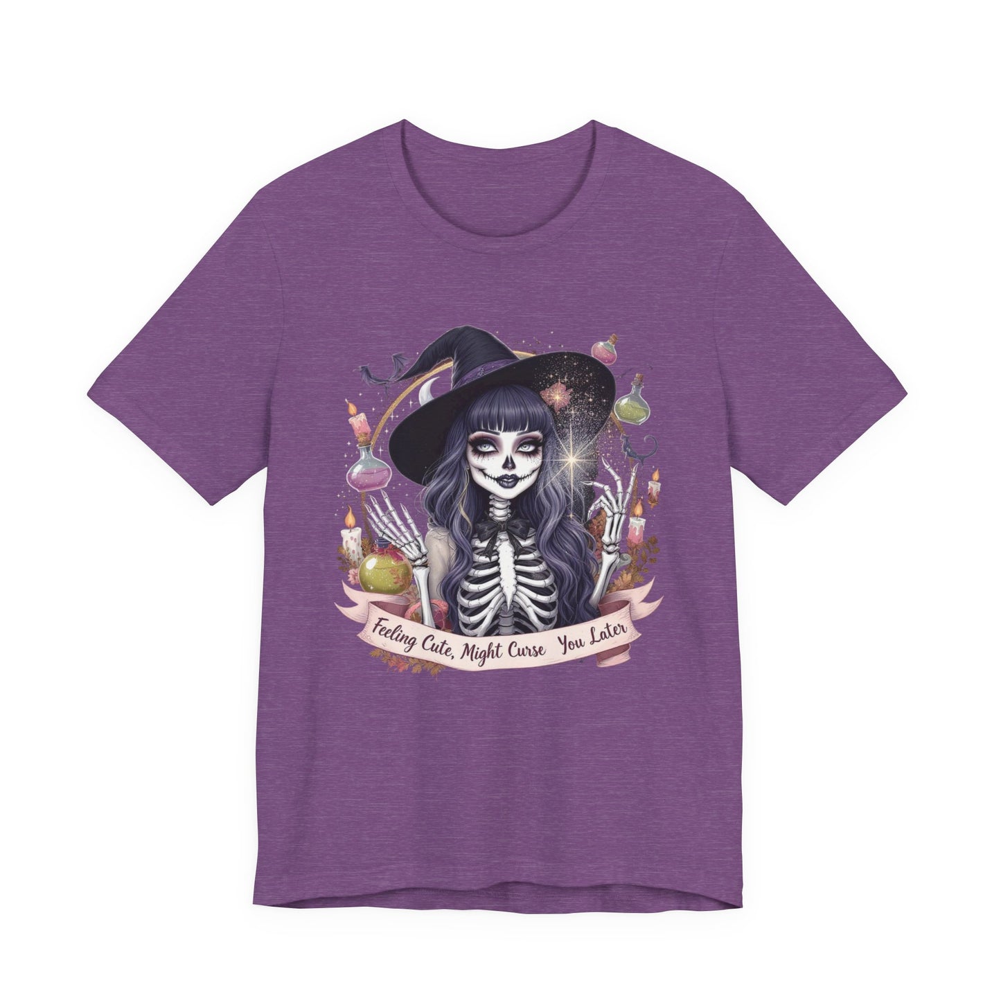 Spooky Skeleton Witch Tee, Cute Halloween Shirt, Unisex Graphic Tee, Casual Autumn Wear, Trendy Fall Outfit, Halloween Party Top